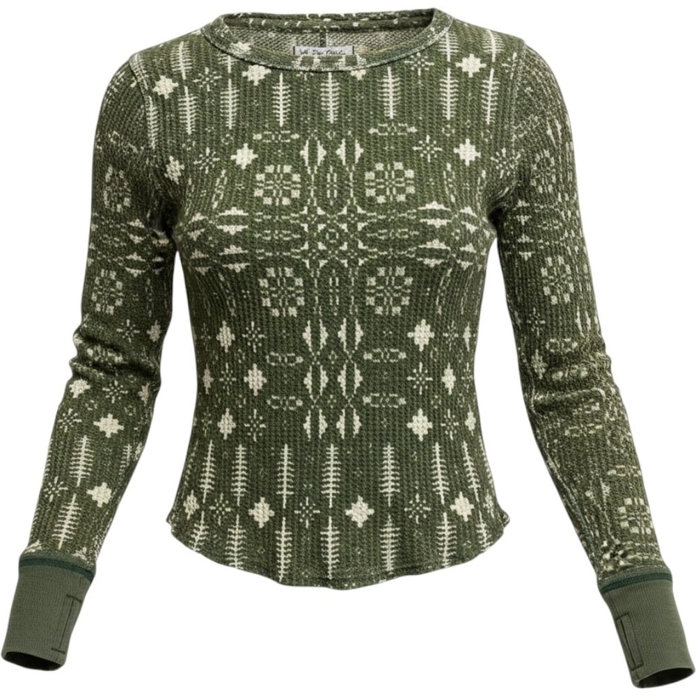 We The Free Free People Green Fair Isle Waffle Knit Thermal Top Thumbholes M